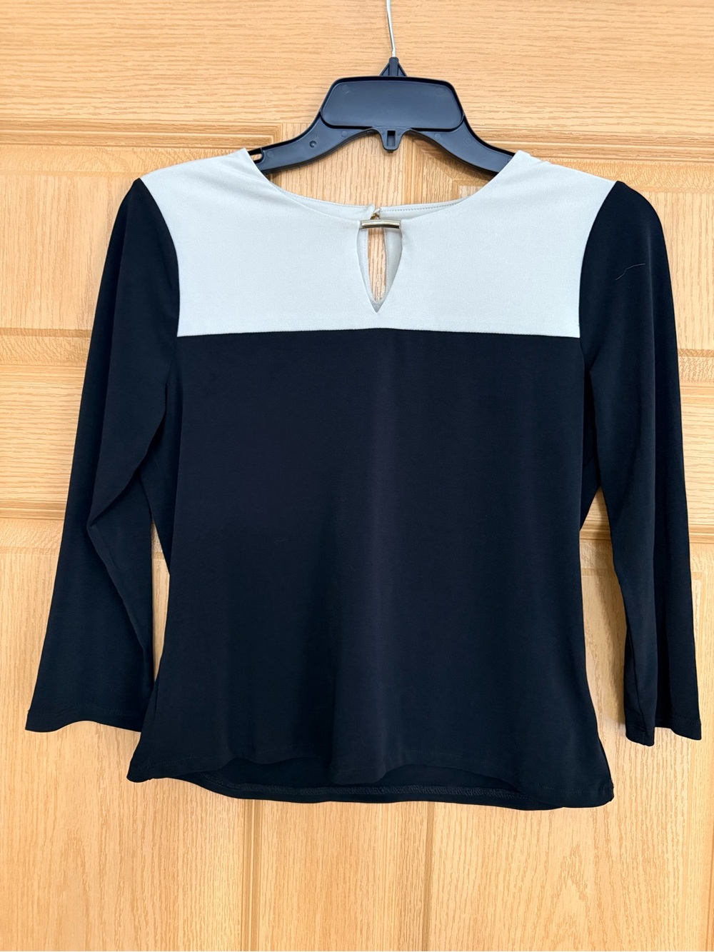 Calvin Klein Black and White Colorblock Long-Sleeve Tee with Keyhole